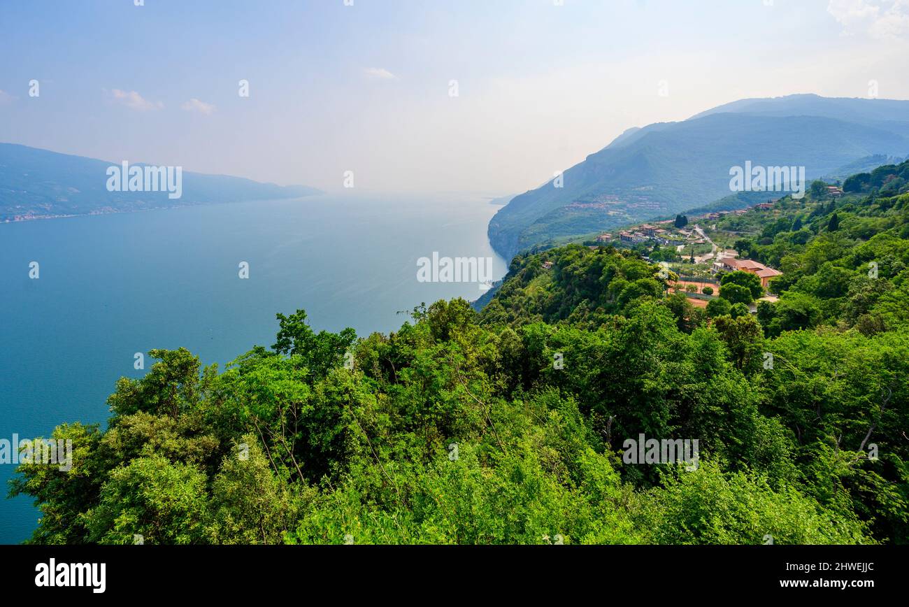 Panorama and aerial view from the town of Gardola over the south lake Garda, Italy - travel destination Stock Photo