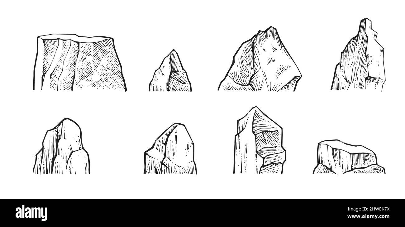 Set of rocks. Piece of cliff. In style of contour engraving. Outline sketch. Hand drawing is isolated on white background. Vector Stock Vector