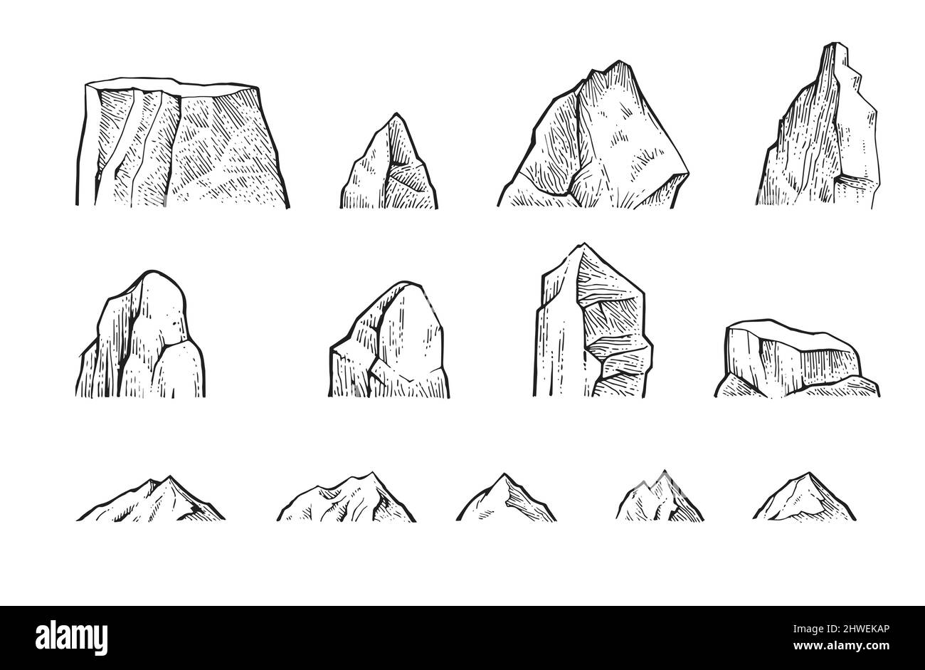 Set of stone rocks. Piece of cliff. In style of contour engraving. Outline sketch. Hand drawing is isolated on white background. Vector Stock Vector