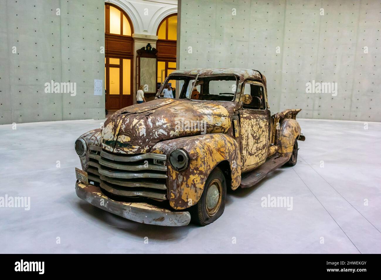 Paris, France, Modern Art Sculpture, Old Truck on Display in  New Museum,(Charles Ray)  'Bourse de Commerce, Pinault Collection', Objects Stock Photo