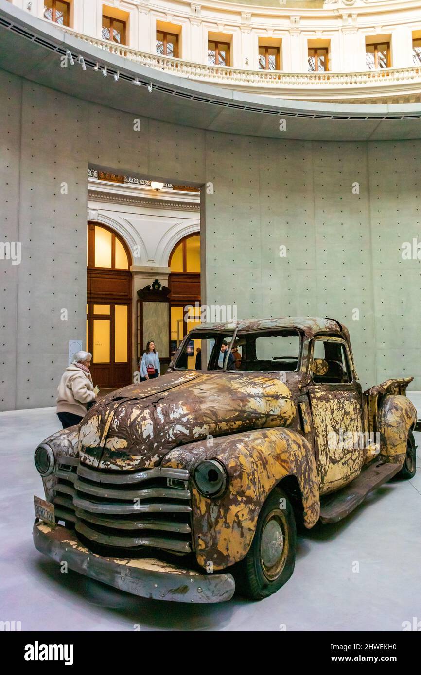 Paris, France, Modern Art Sculpture, Old Truck on Display in  New Museum,(Charles Ray)  'Bourse de Commerce, Pinault Collection', Objects Stock Photo