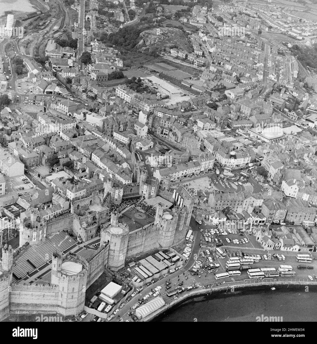 An aerial view of Caernarfon Castle the day before the Investiture of