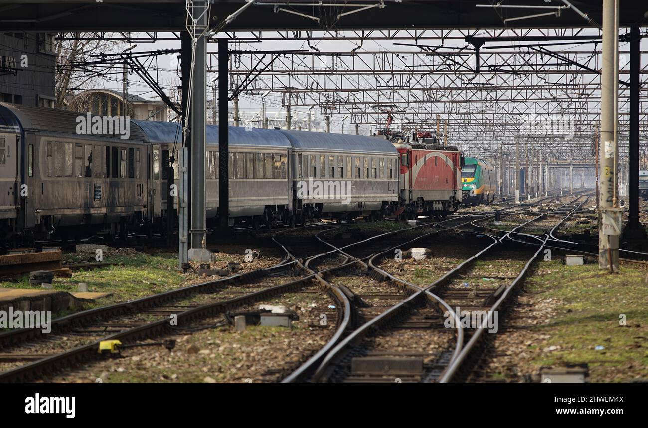 Bucharest, Romania - March 03, 2022: The train to Vienna with Ukrainian refugees and african students from Ukraine fleeing Vladimir Putin's war agains Stock Photo