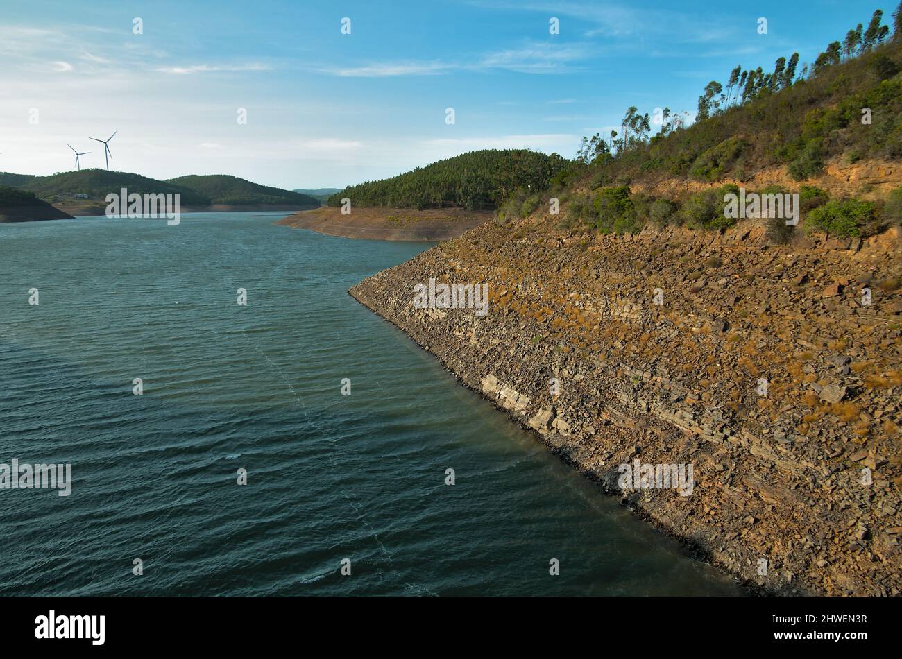 Low water levels at the Bravura dam in Lagos, Algarve, Portugal on September 2020 Stock Photo