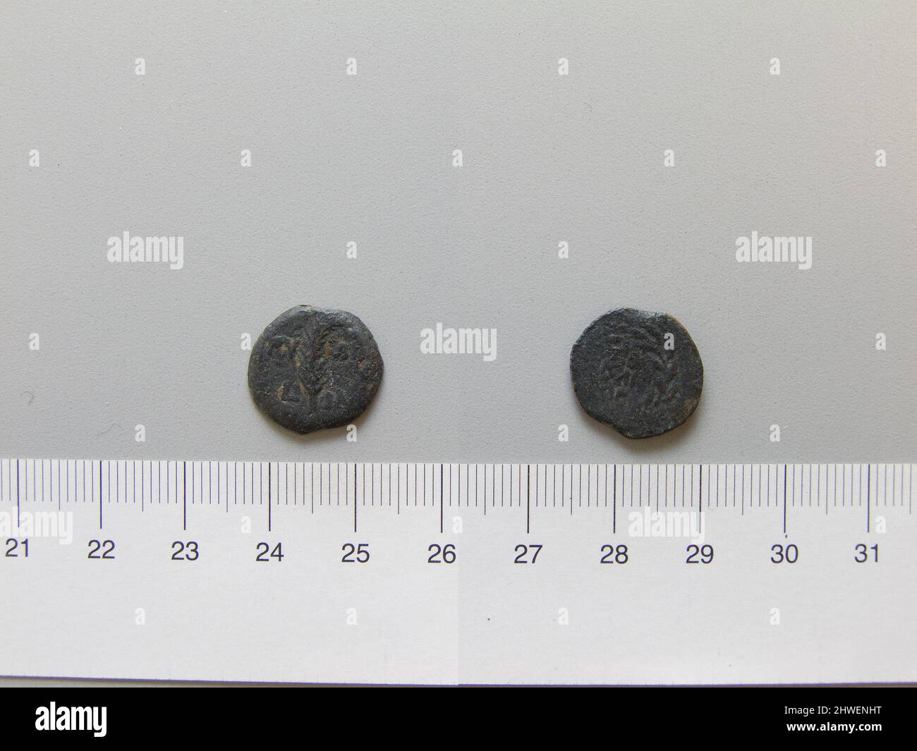 Coin of Tiberius, Emperor of Rome from Jerusalem. Ruler: Tiberius, Emperor of Rome, 42 B.C.–A.D. 37 Mint: JerusalemMagistrate: Valerius Gratus, active 15–26 Stock Photo