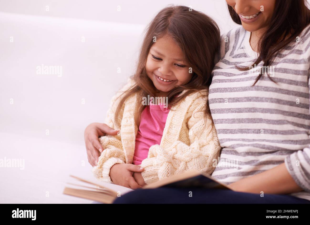 She loves fairytales. Cropped shot of a young mother reading to her daughter at home. Stock Photo