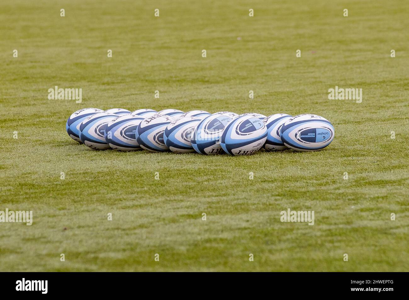 Barnet, United Kingdom. 05th Mar, 2022. Gallagher Premiership Rugby. Saracens V Leicester Tigers. StoneX Stadium. Barnet. Gilbert Premiership rugby balls Credit: Sport In Pictures/Alamy Live News Stock Photo