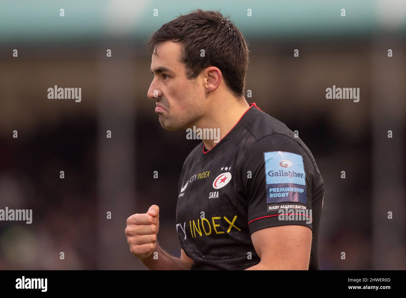 Barnet, United Kingdom. 05th Mar, 2022. Gallagher Premiership Rugby. Saracens V Leicester Tigers. StoneX Stadium. Barnet. Alex Lozowski of Saracens clenches his fist Credit: Sport In Pictures/Alamy Live News Stock Photo