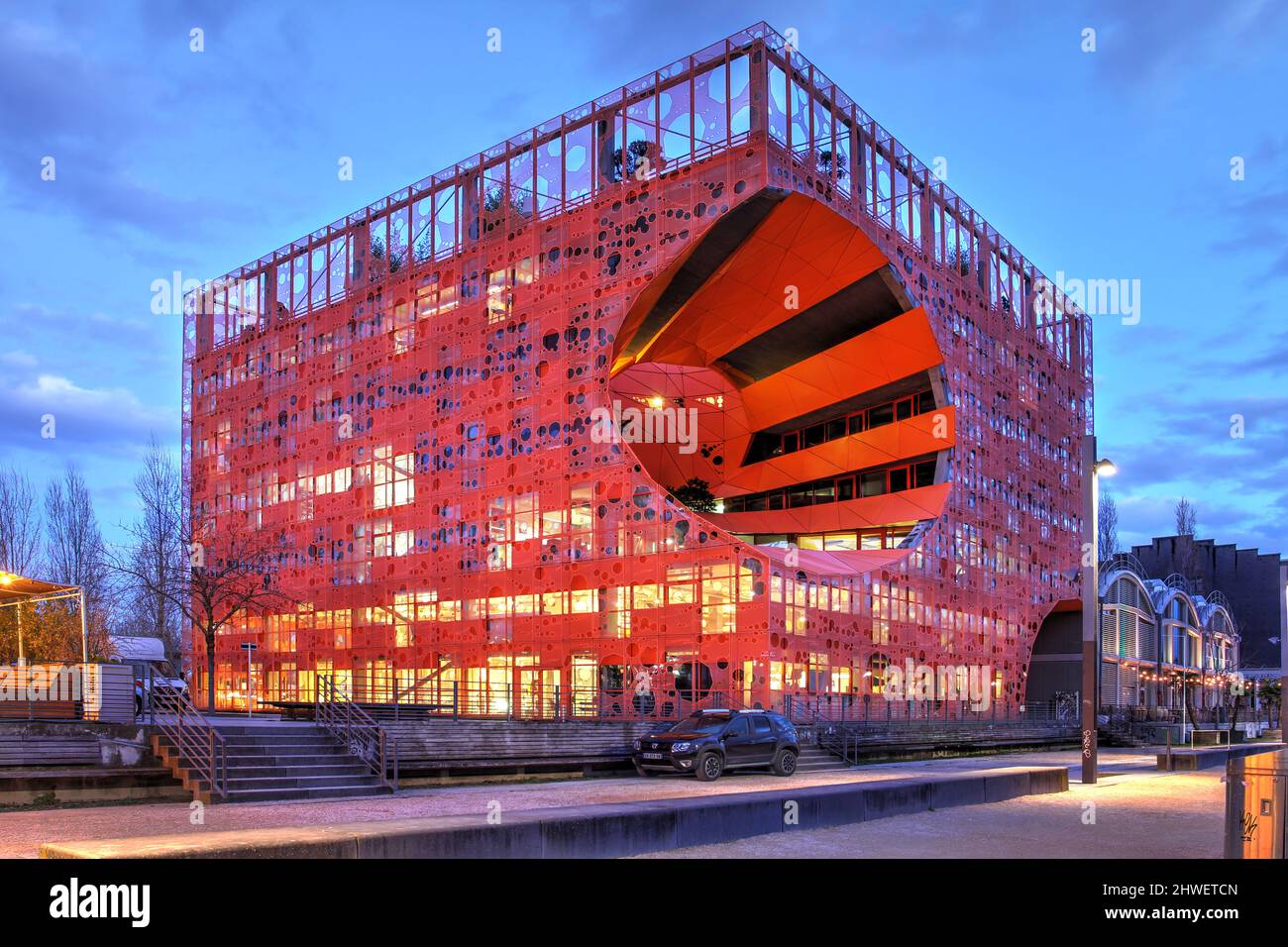 Architectural landmark Orange Cube, an office building build in 2011 by Jakob + Macfarlane Architects in the industrial district of La Confluence, Lyo Stock Photo