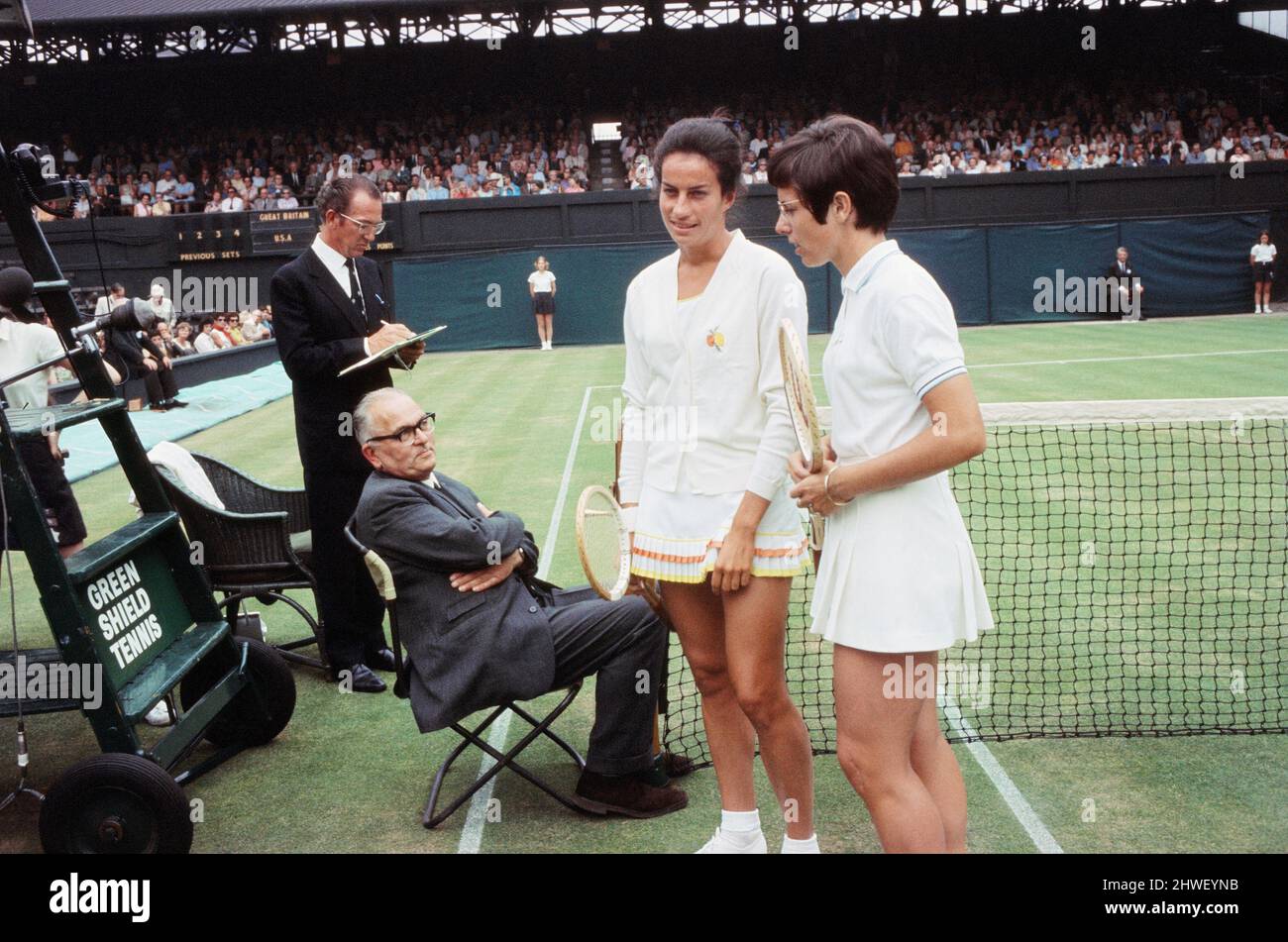 The 1970 Wightman Cup was the 42nd edition of the annual women's team tennis competition between the United States and Great Britain. It was held at the All England Lawn Tennis and Croquet Club in London in England in the United Kingdom.The United States of America beat Great Britain 4-3. (Picture) Virginia Wade (left) and Billie Jean King. Circa June 1970 Stock Photo