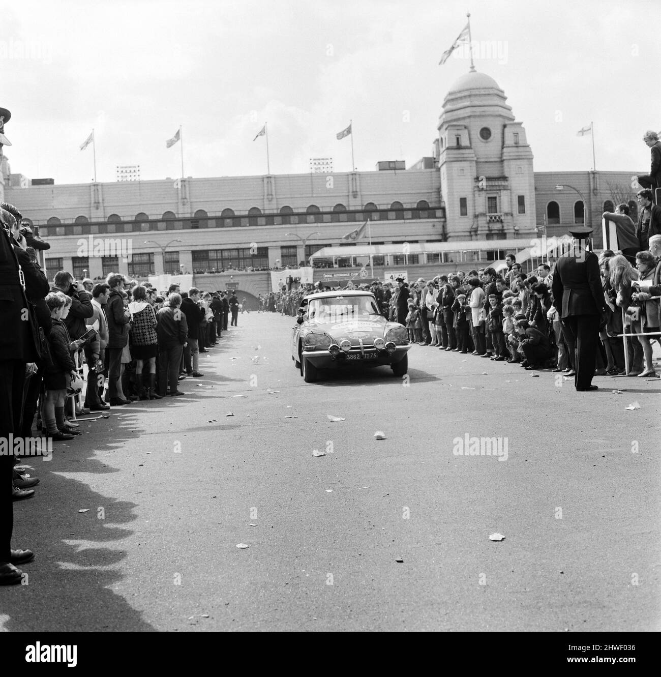 1970 London to Mexico World Cup Rally. The motor rally started at Wembley Stadium in London on 19 April 1970 and finished in Mexico City on 27 May 1970, covering approximately 16,000 miles. Pictured, Start of Race, Wembley Stadium, London, 19th April 1970. Entrant No. 47, PJ Coltelloni (France), driving a Citroen DS 21. Stock Photo