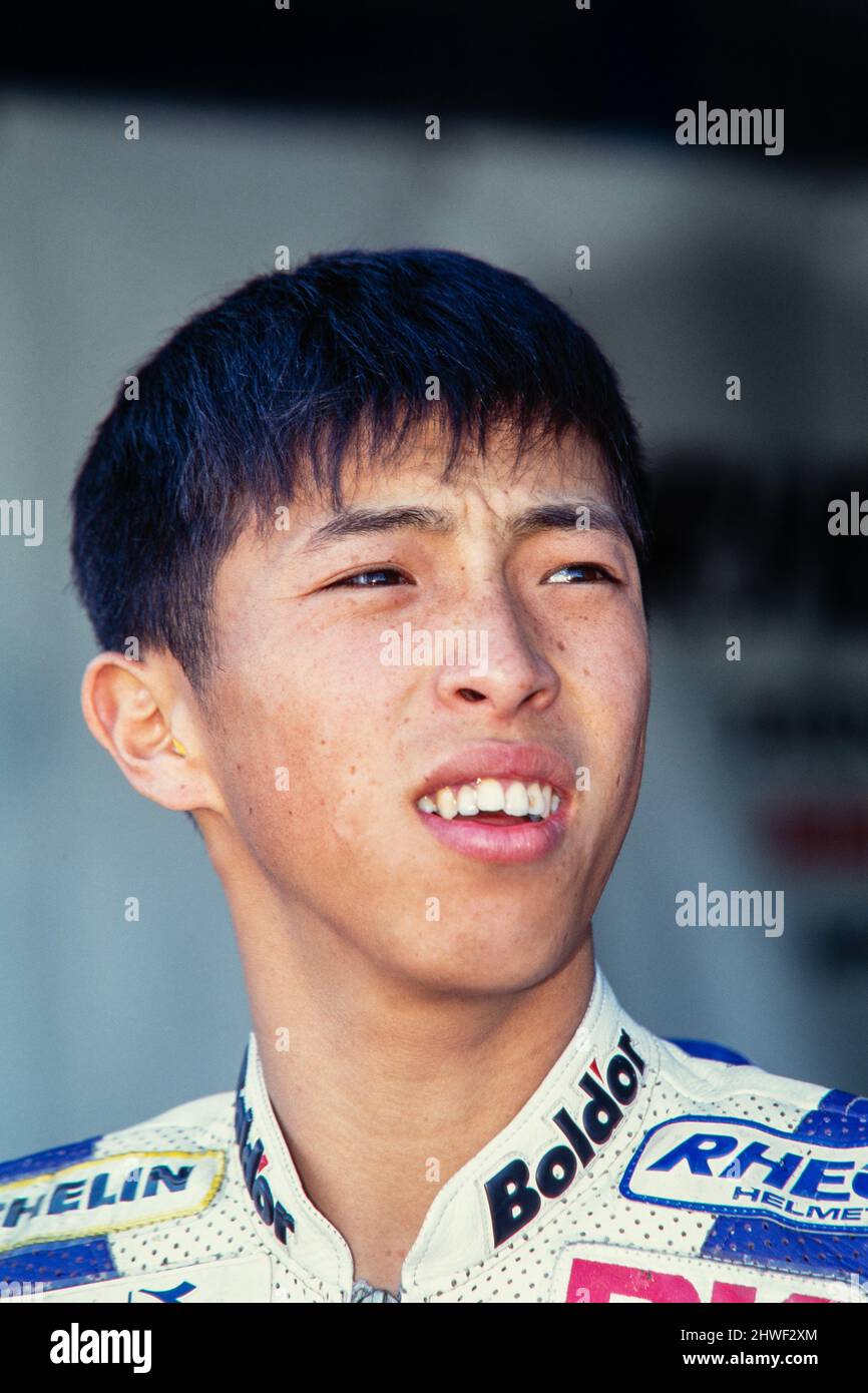 World Champion Haruchika Aoki (JPN), japanese racer, 1996 World Motorcycle Championship, Honda 125 cc. Stock Photo