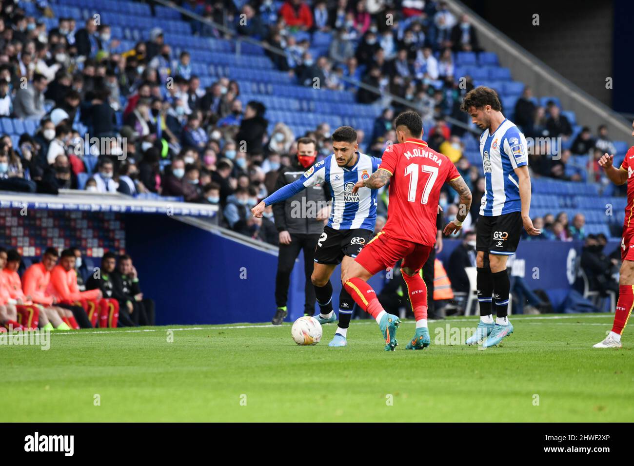 BARCELONA/SPAIN - MARCH 5: Oscar Gil of Espanyol passes the ball during La Liga match between Espanyol and Getafe at RCDE Stadium on March 5, 2022 in Barcelona, Spain. (Photo by Sara Aribó/Pximages) Stock Photo