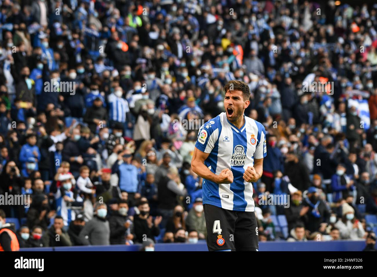 BARCELONA/SPAIN - MARCH 5: Leandro Cabrera of Espanyol celebrates after scoring a goal during La Liga match between Espanyol and Getafe at RCDE Stadium on March 5, 2022 in Barcelona, Spain. (Photo by Sara Aribó/Pximages) Stock Photo