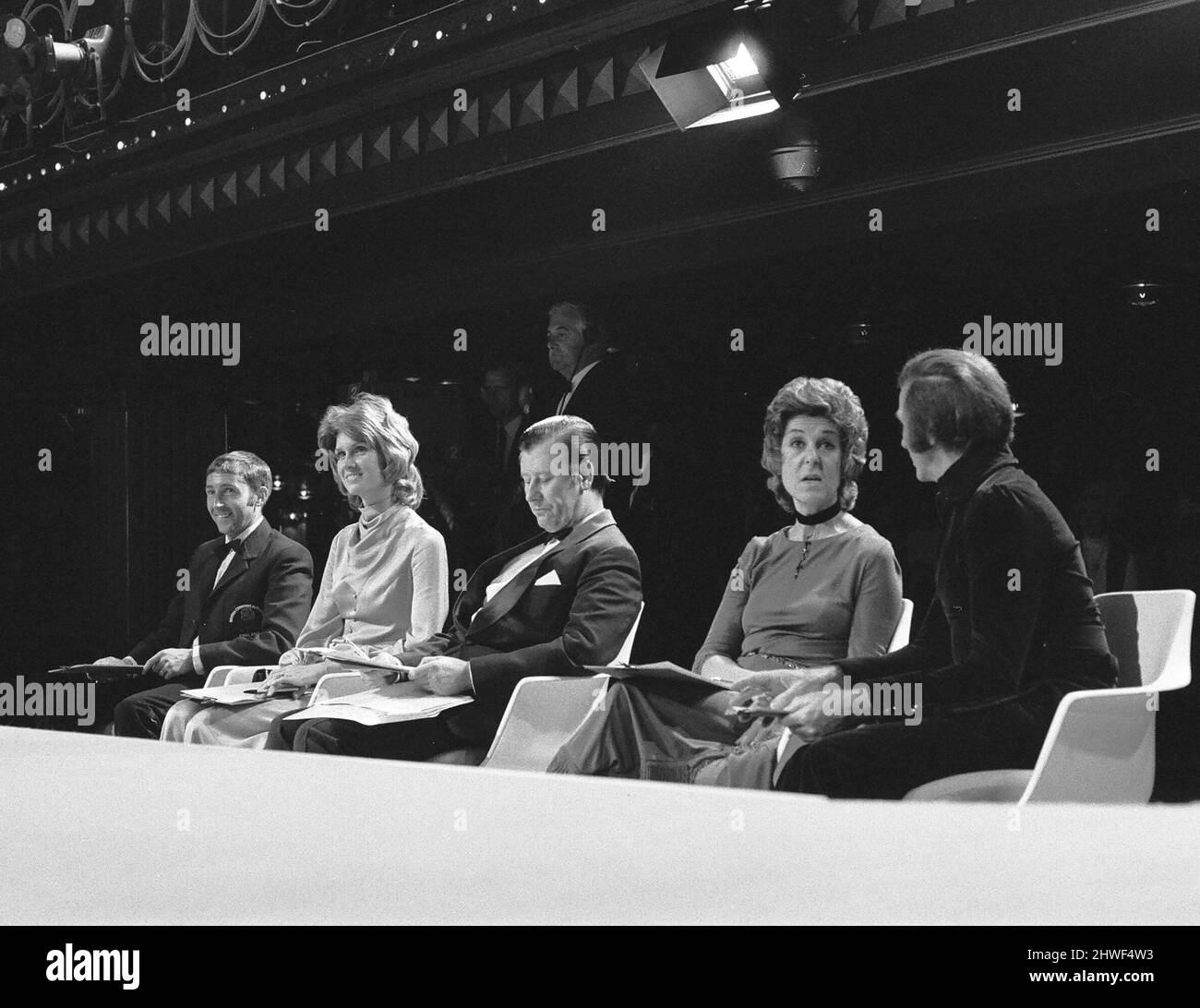 Miss United Kingdom beauty contest at Blackpool. The judges consisting of Felicity Green of the Daily Mirror, Kit van Tullace of Queen magazine, Ron Hill, designer Darnell and Mecca managing director Eric Morley, discuss the contestants. 16th August 1970. Stock Photo