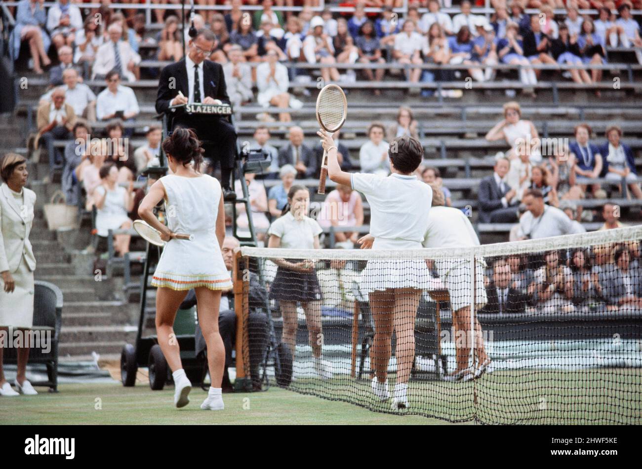 The 1970 Wightman Cup was the 42nd edition of the annual women's team tennis competition between the United States and Great Britain. It was held at the All England Lawn Tennis and Croquet Club in London in England in the United Kingdom.The United States of America beat Great Britain 4-3. (Picture) Billie Jean King (right) after her win. Circa June 1970 Stock Photo