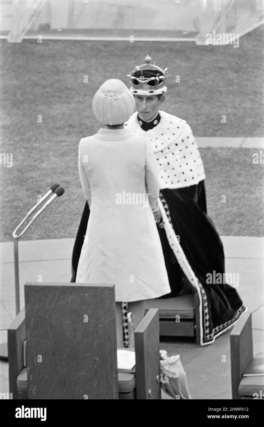 The Investiture of Prince Charles at Caernarfon Castle. HRH Queen Elizabeth II has placed the