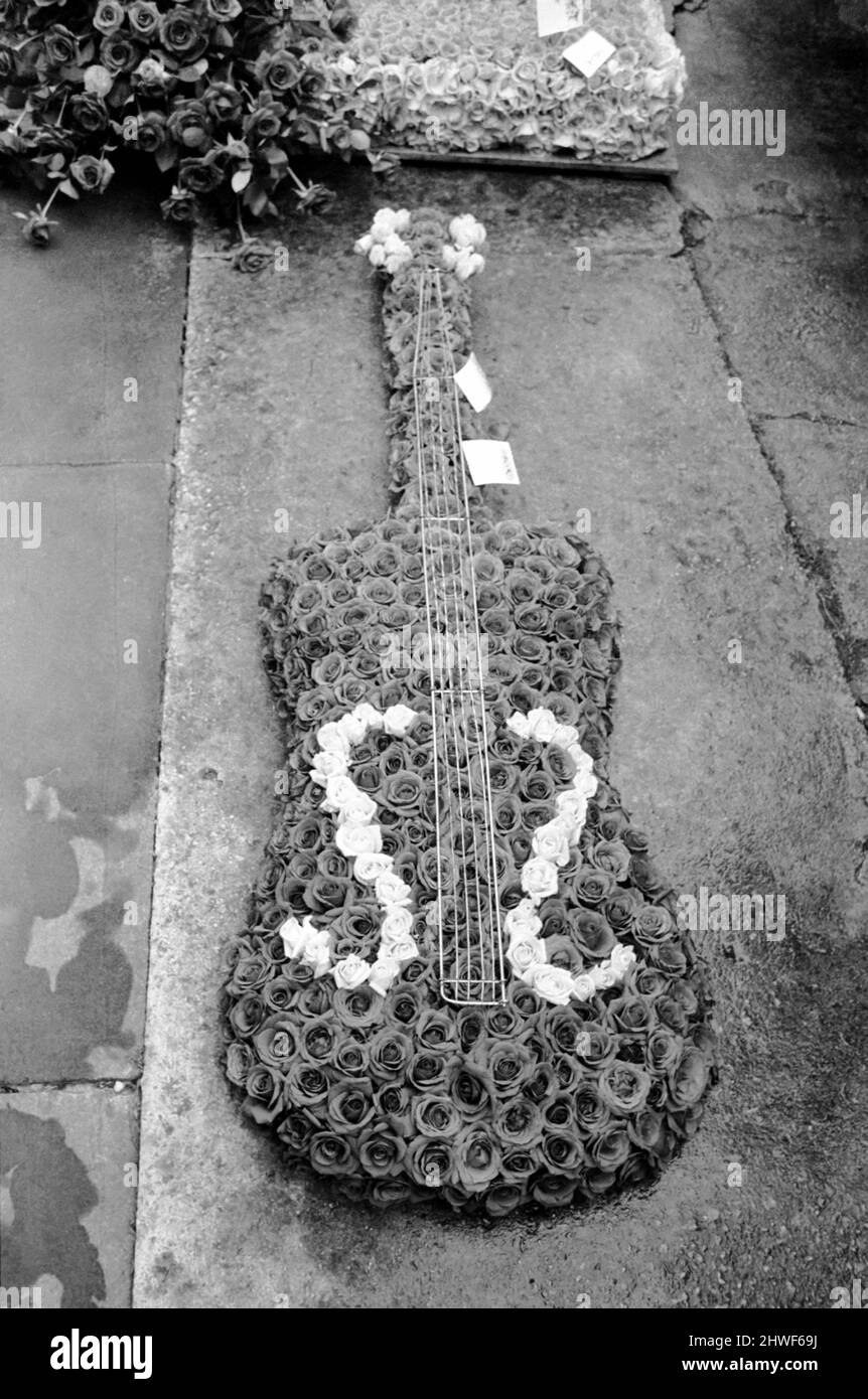 Rolling Stones: Brian Jones funeral. A floral tribute depicting  the gates of heaven from the Rolling Stones and a floral guitar from 'gofer' Tom Keylock 10 July 1969 Stock Photo