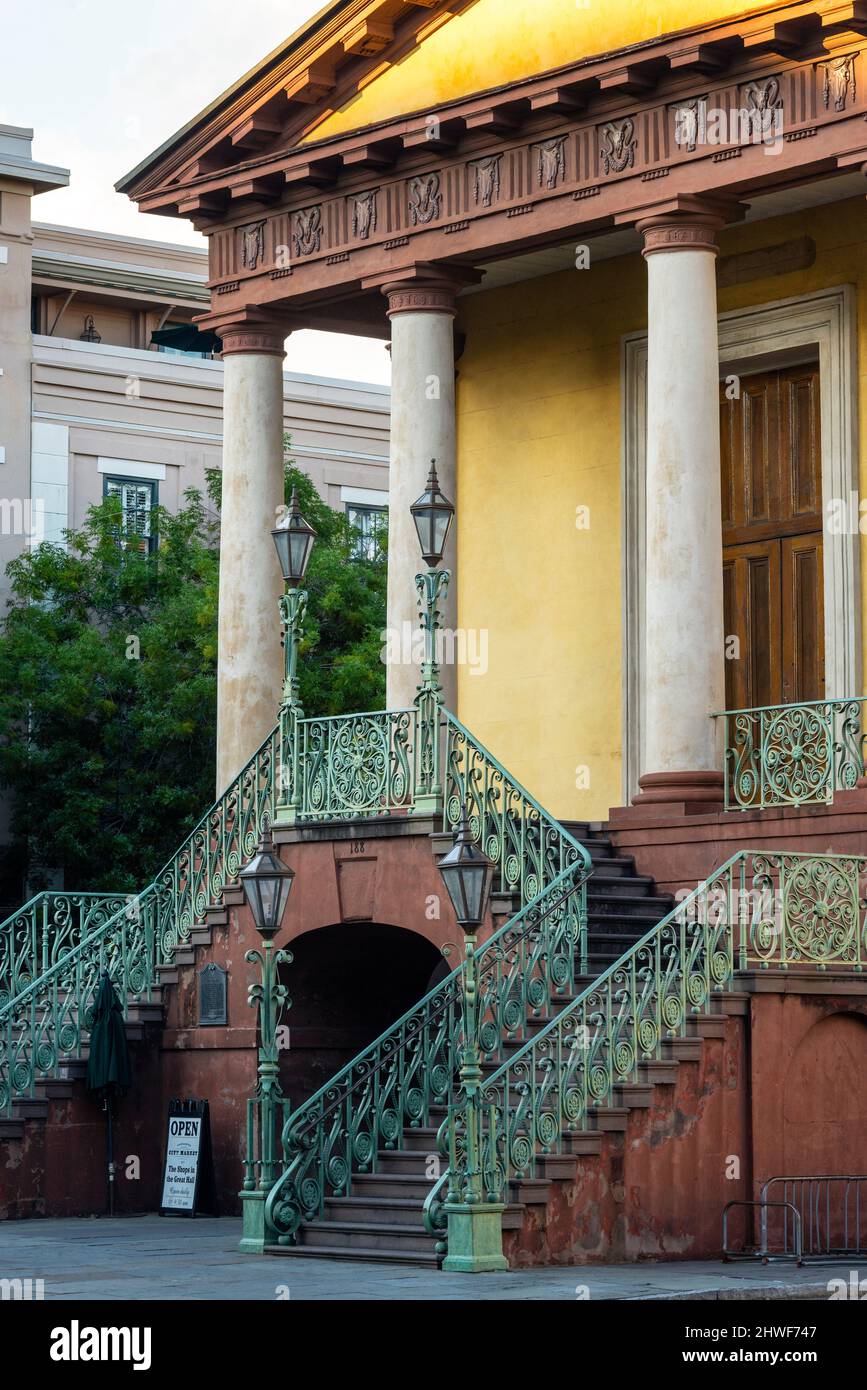 Charleston City Market in Charleston, South Carolina with a wide portico and dual stairways. Stock Photo
