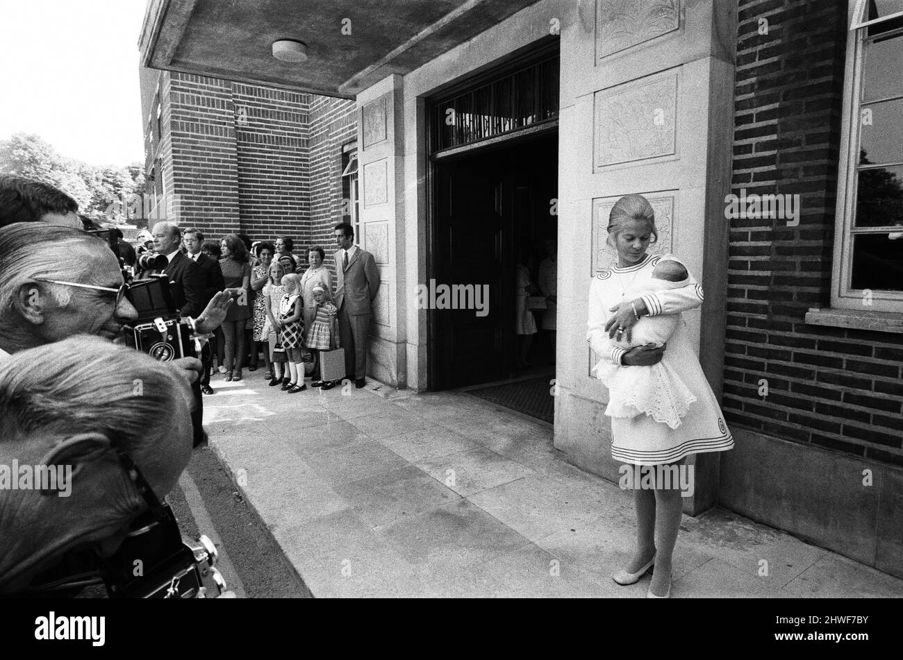 Katharine, Duchess of Kent leaving Kings College Hospital n Denmark Hill, London, with her six day old son Lord Nicholas Windsor. The news of the birth was telephoned to the Duke in Cyprus where he is serving with the Royal Scots Greys Squadron. 31st July 1970. Stock Photo