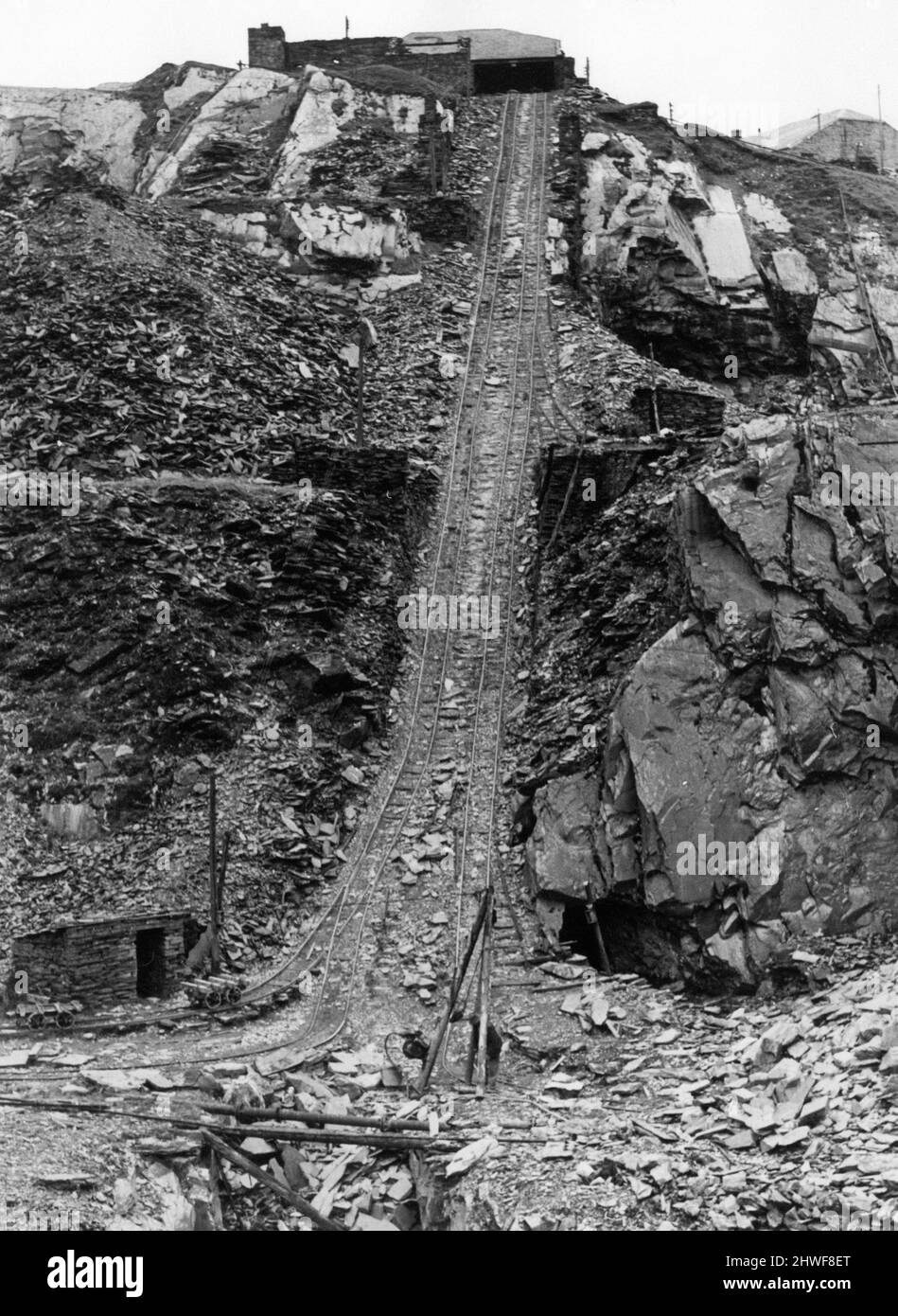 Blaenau Ffestiniog is a historic mining town in the historic county of Merionethshire, Wales, 2nd October 1970. Our Picture Shows ... known as the Incline, the long haul slate blocks take to reach the slate mill on the top of the hill. Stock Photo
