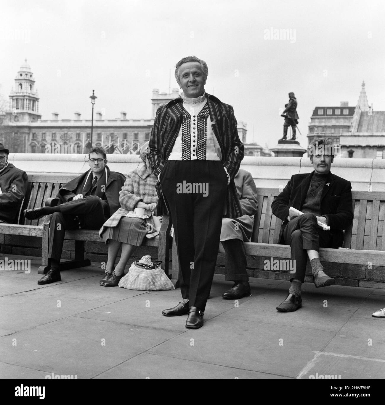 Leo Abse, Labour MP for Pontypool, arrives at the House of Commons wearing his budget day clothes, a suit made of Welsh tweed. 15th April 1969. Stock Photo