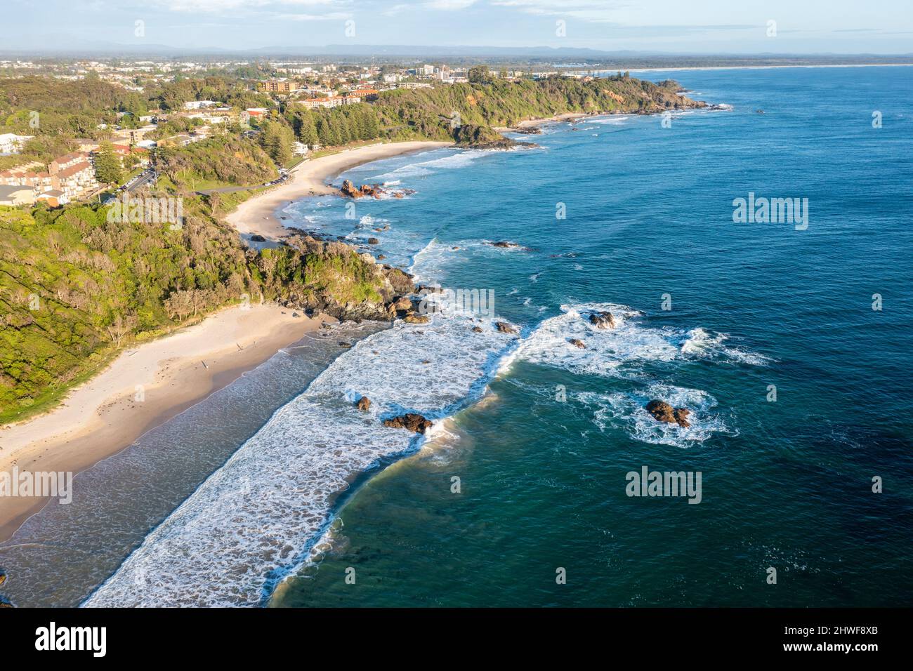 Aerial view fo Flynns Beach on the Mid north coast of New South Wales one of Port Macquaries beaches. Stock Photo