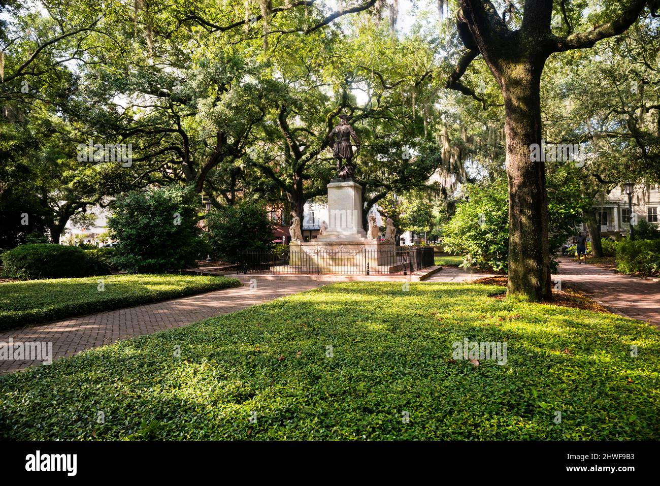 The James Oglethorpe Statue in Chippewa Square in an urban garden and