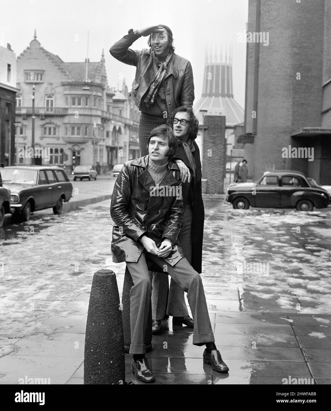 Liverpool pop group The Scaffold pictured in their home city.From top: John Gorman, Roger McGough and Mike McGear (McCartney). 10th March 1969. Stock Photo