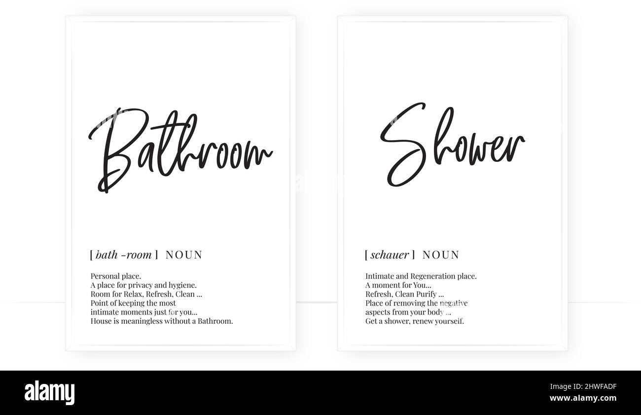 Bathroom and shower definition, vector. Minimalist poster design. Wall decals, noun description