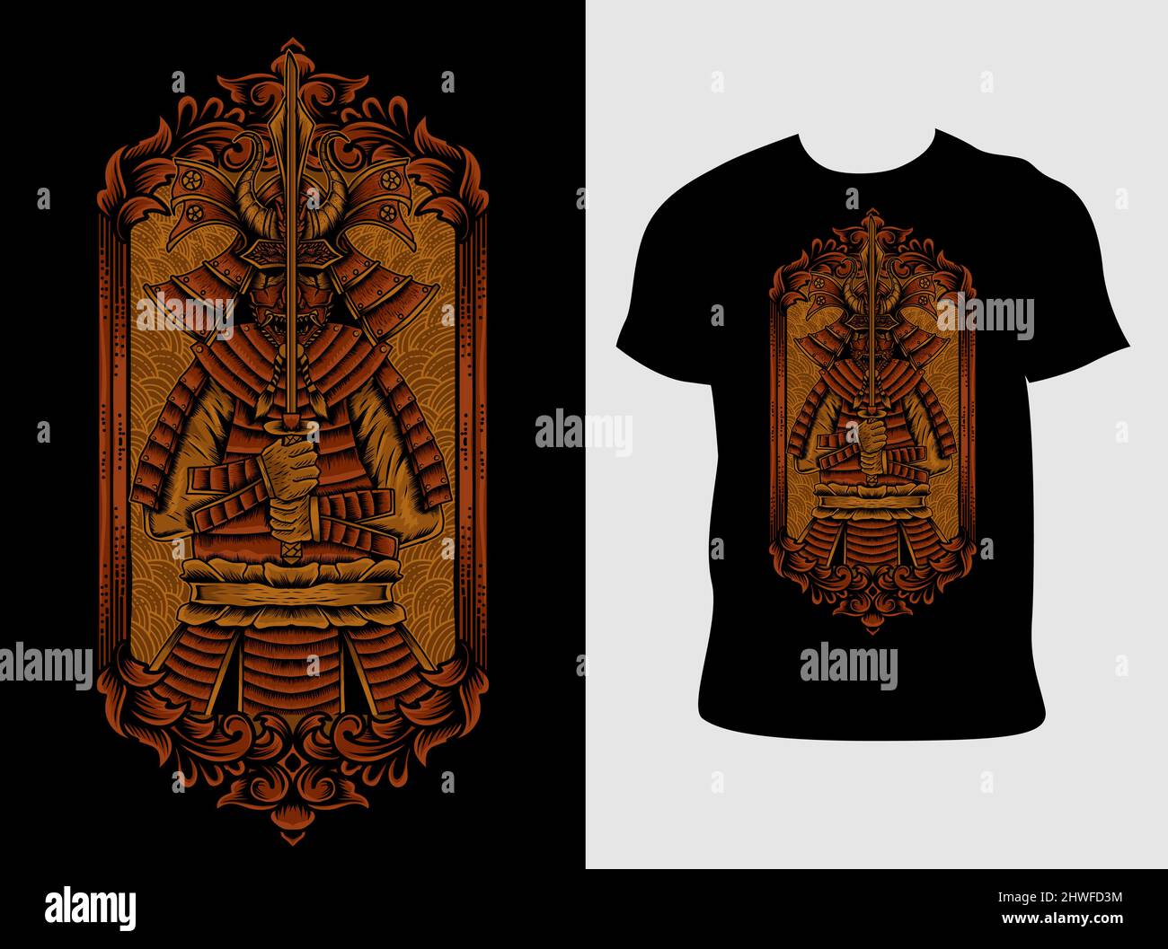 illustration vector vintage samurai warriors on ornament flame Stock Vector