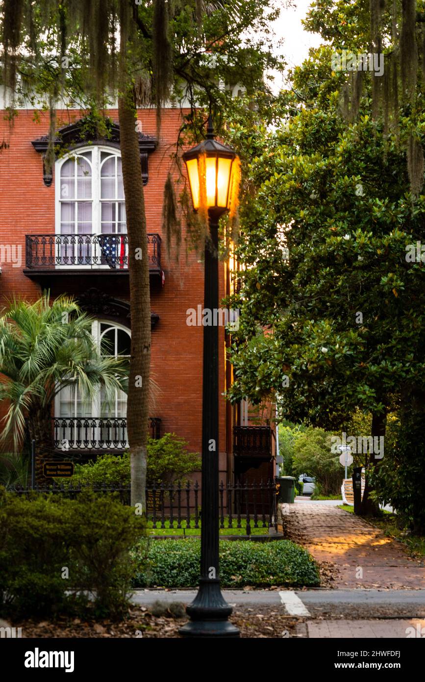 Italianate architecture and French windows and balconies of the Mercer Williams house in Savannah, Georgia. Stock Photo