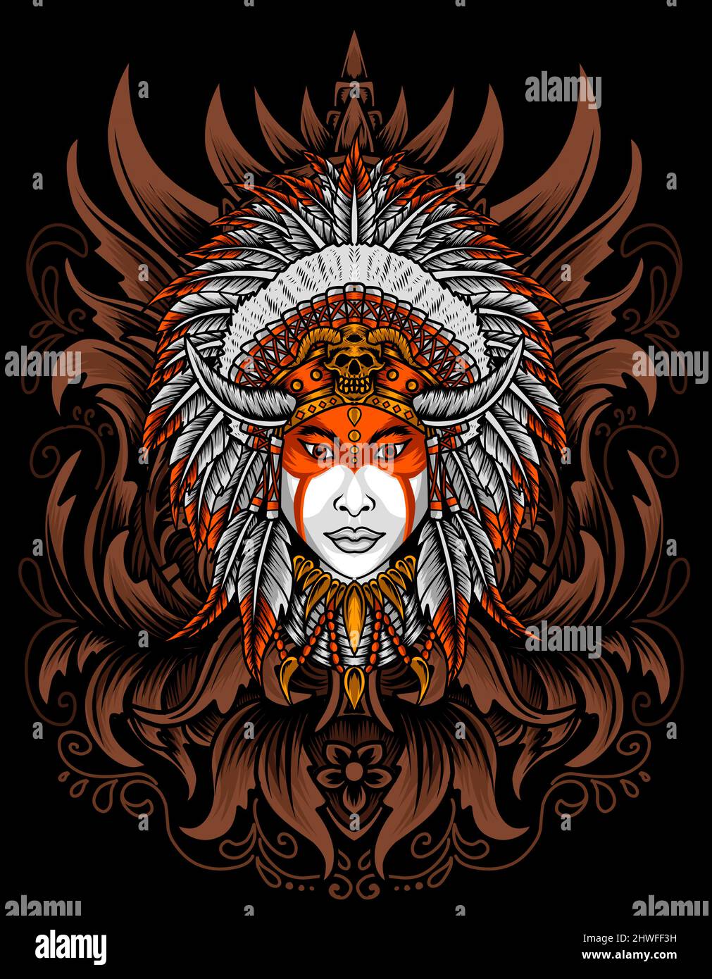illustration vector indian apache woman with engraving ornament Stock Vector