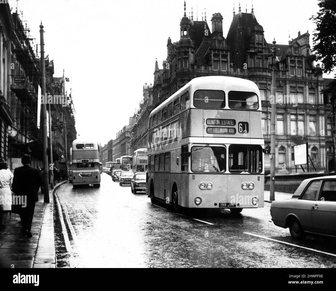 Buses in Grainger  Street, Newcastle. 14th July 1970. Stock Photo