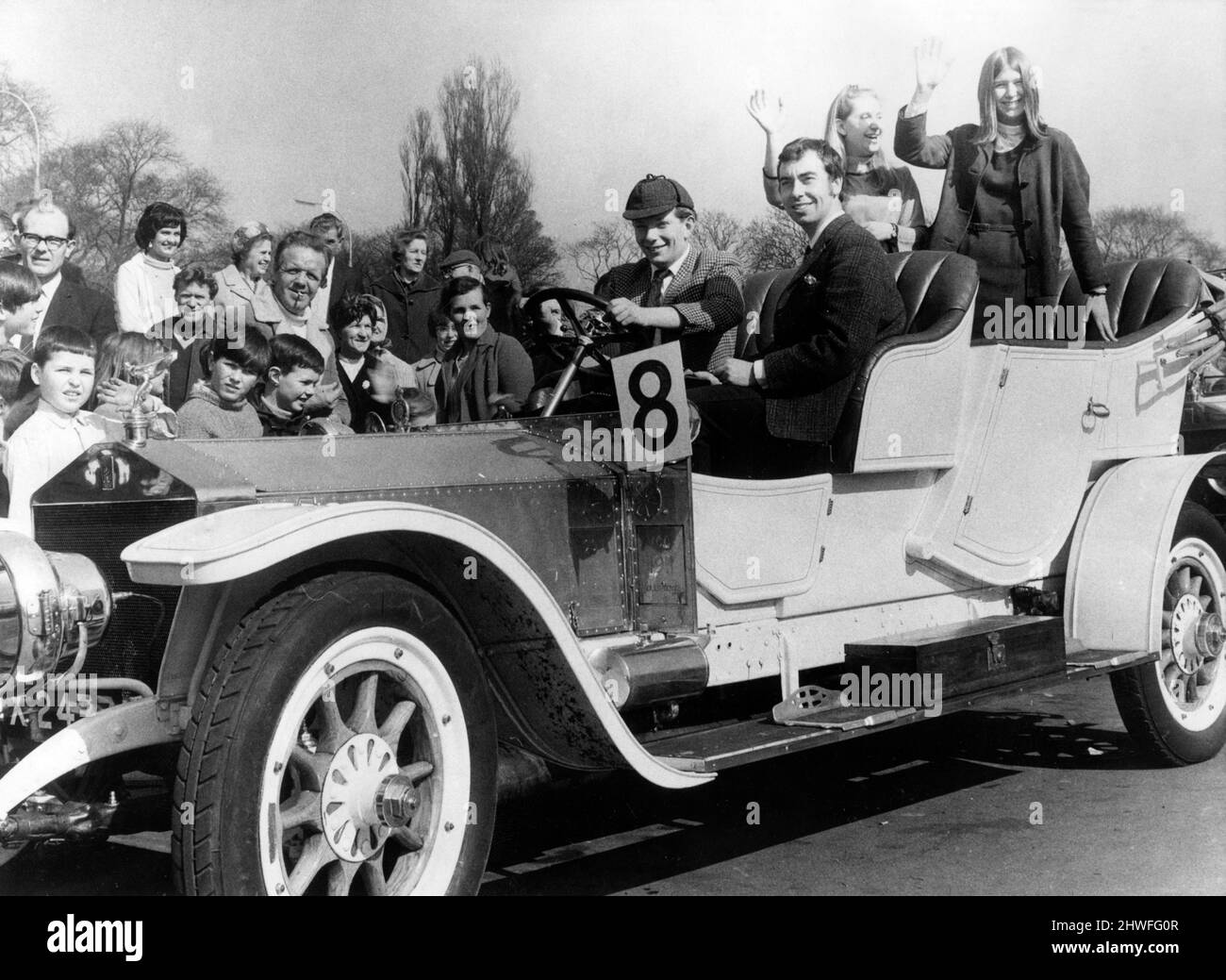 1911 Rolls Royce driven by Paul Thompson of Middlesbrough. Also pictured are co-driver Ken Leach of Middlesbrough and passengers Janet Kirkham (left) of Redcar and Margaret Armstrong of Middlesbrough, 7th April 1969. Stock Photo