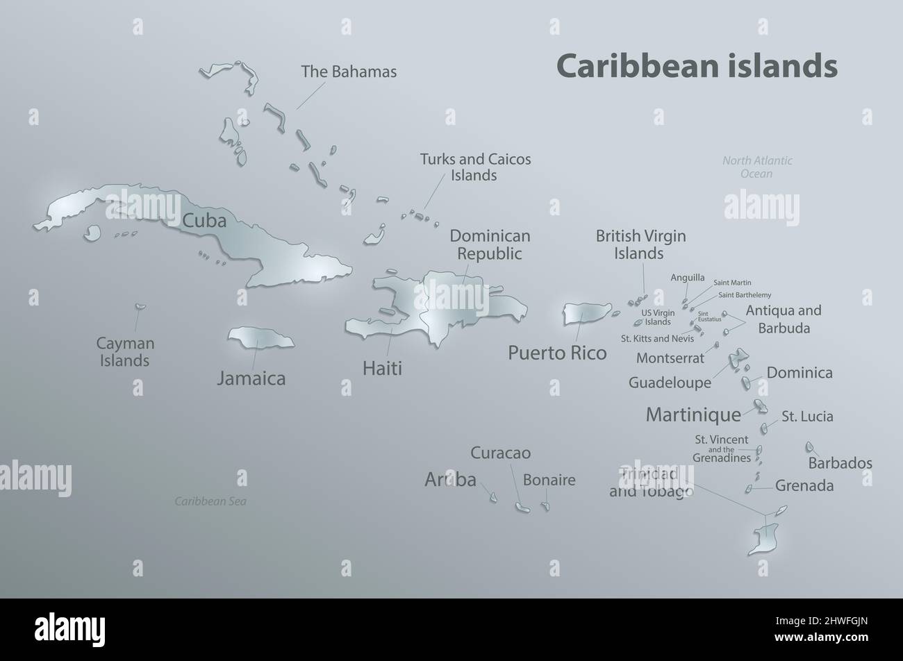 Caribbean islands map, individual islands and names, design glass card 3D vector Stock Vector