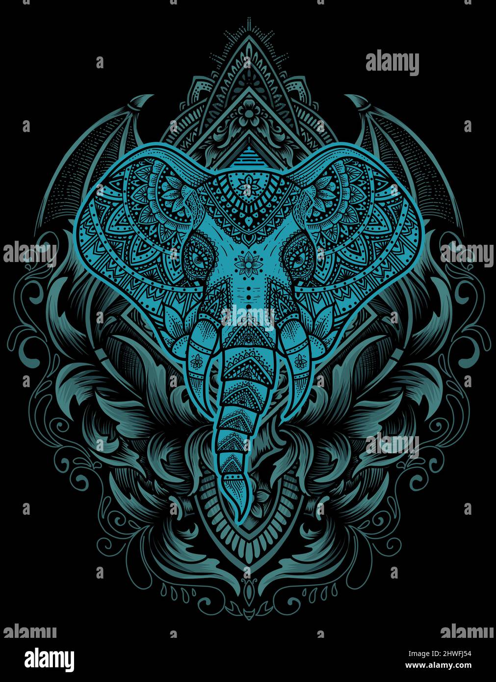 illustration vector elephant head with antique engraving ornament Stock ...