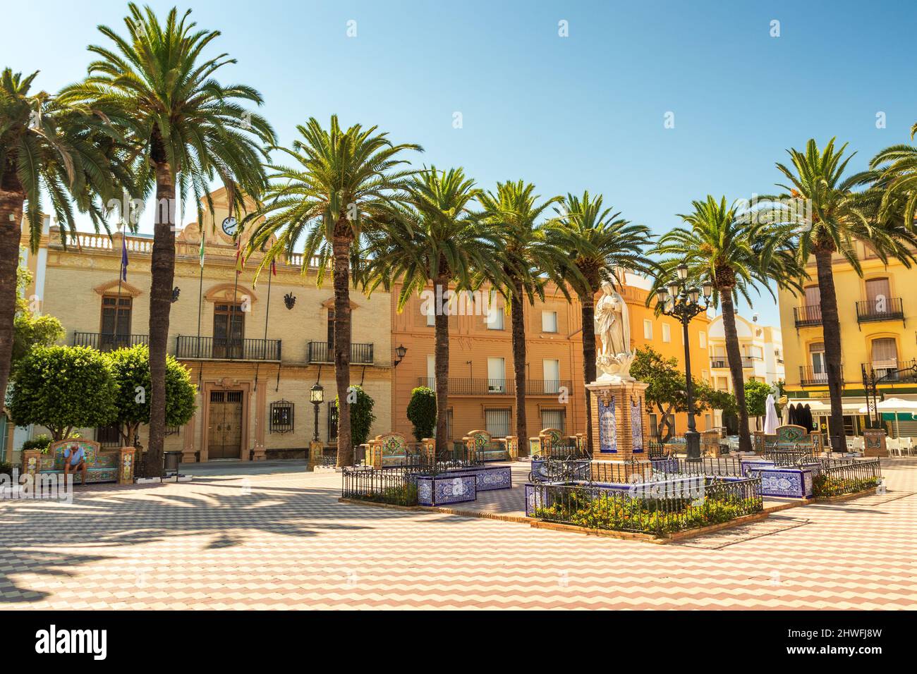 Ayamonte, Spain - July 29, 2021: Plaza de la Laguna in Ayamonte, Spain, with the Inmaculada Concepcion monument in the center of the square. Stock Photo