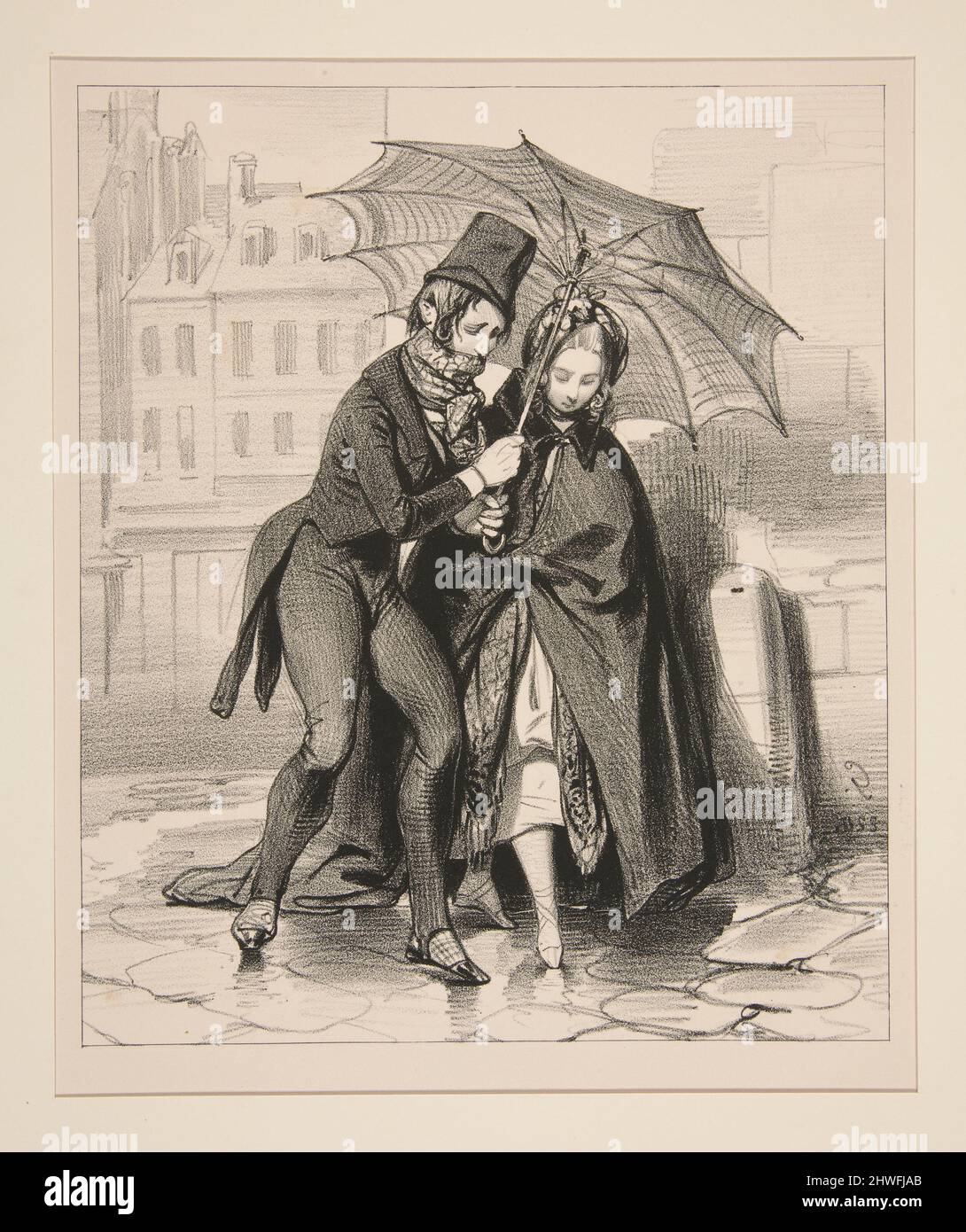 Ne pas trouver de voiture, et revenir du bal, au petit jour, avec un parapluie de partier..  Artist: Paul Gavarni, French, 1804–1866 Stock Photo