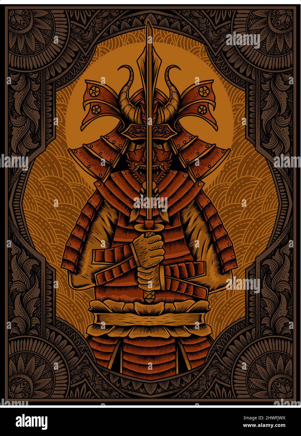 illustration vector samurai warriors with antique engraving ornament ...