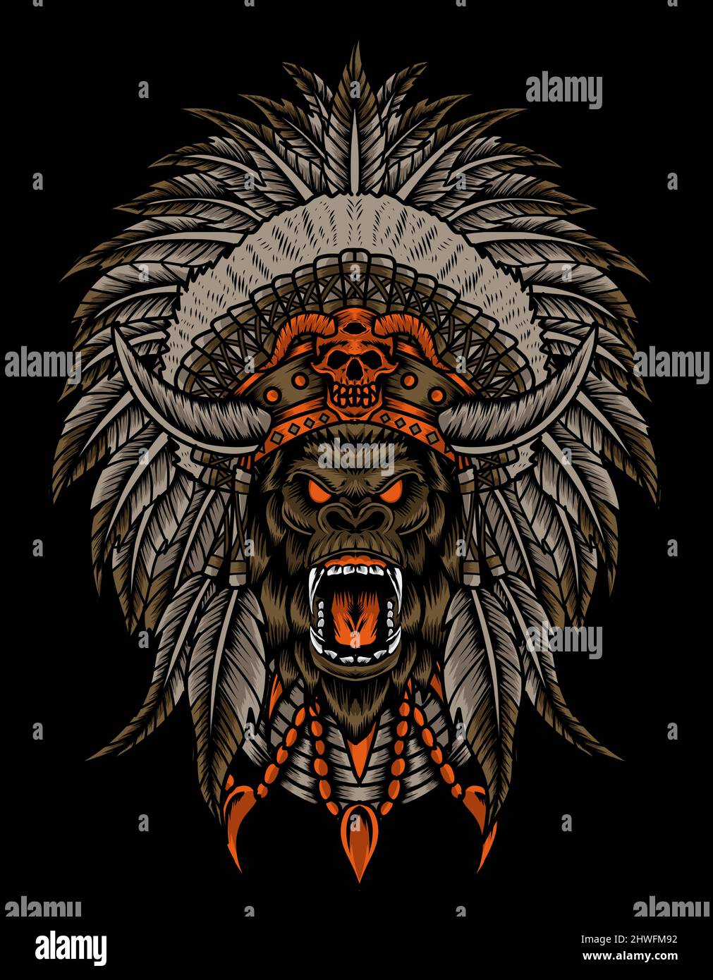 illustration vector gorilla head with indian apache hat Stock Vector