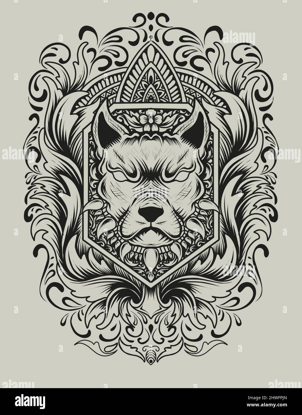 Illustration vector Dog head with vintage engraving ornament Stock ...