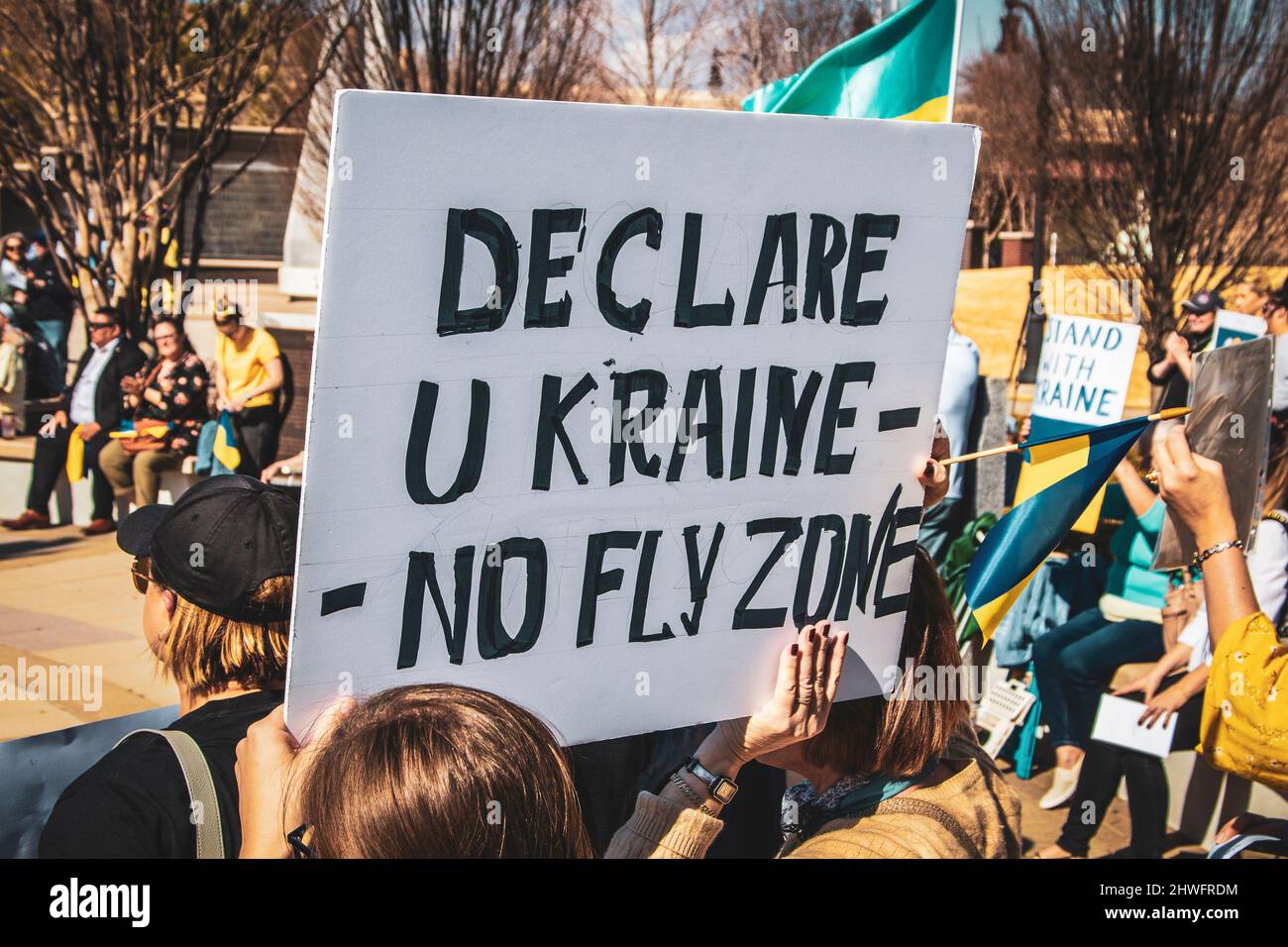 2022 03 05 Tulsa OK USA - Rally for Ukraine with crowd of people and sign saying Declare Ukraine No Fly Zone Stock Photo