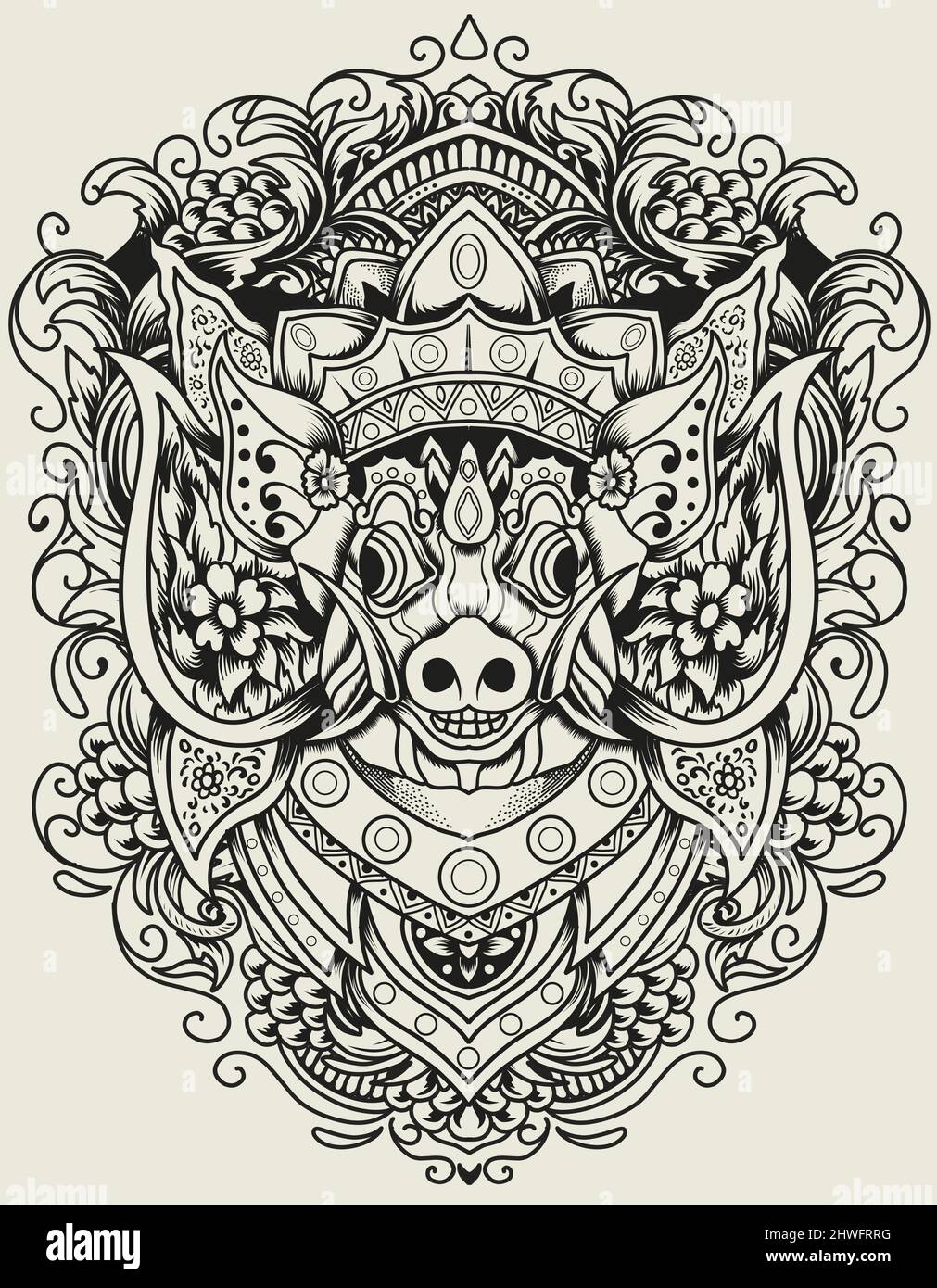 Illustration vector barong bangkung head with vintage engraving ornament Stock Vector