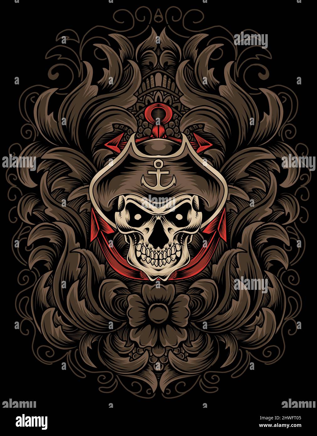 illustration vector captain skull pirate with engraving ornament Stock ...
