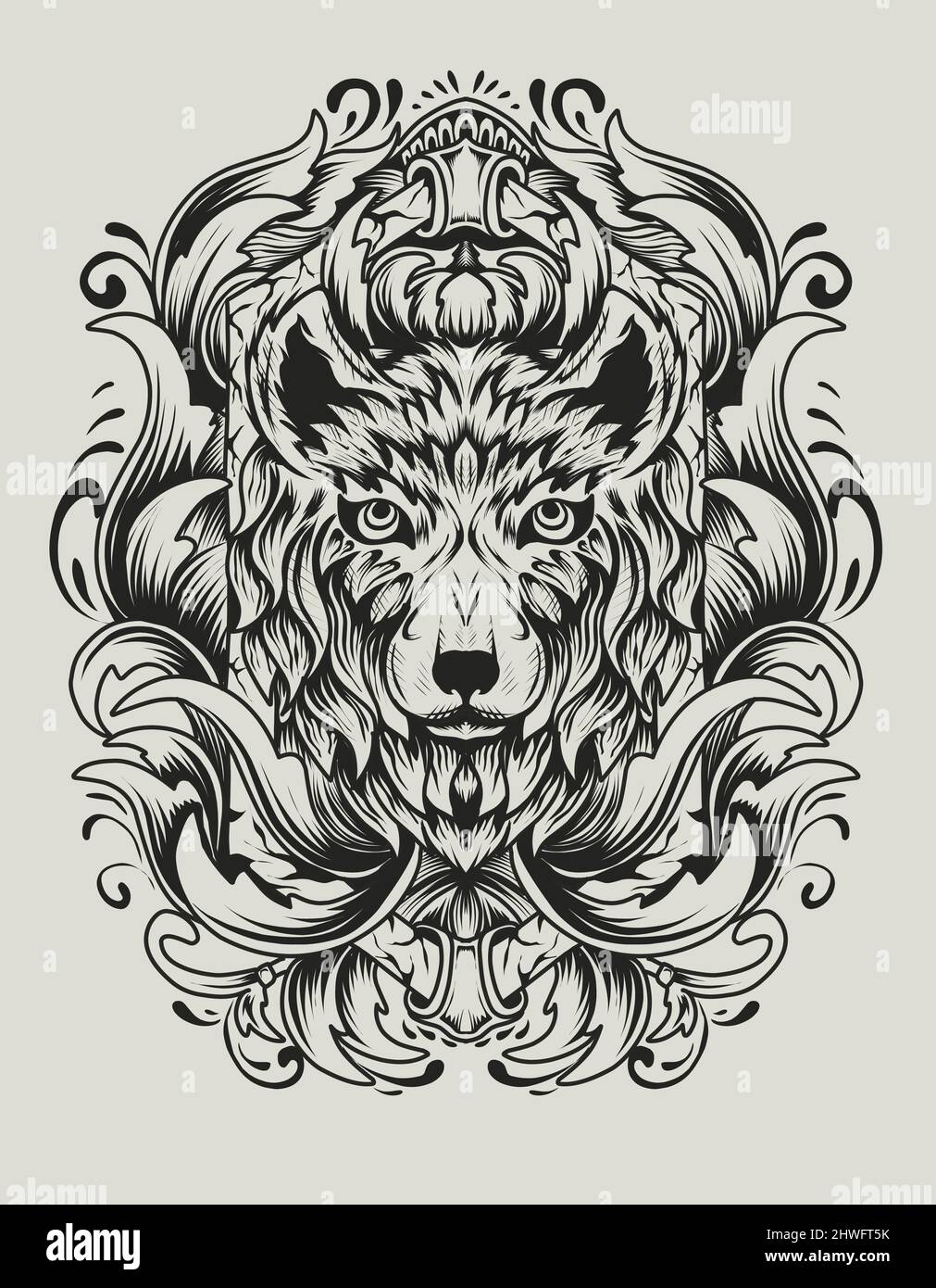 Illustration vector wolf head with vintage engraving ornament Stock