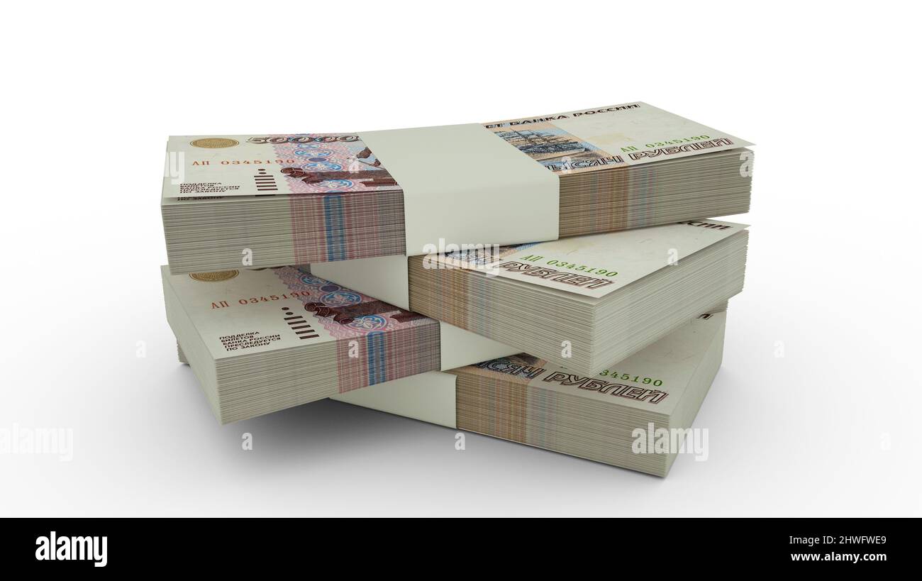 3d rendering of Stack of Russian ruble notes. Few bundles of Russian ...