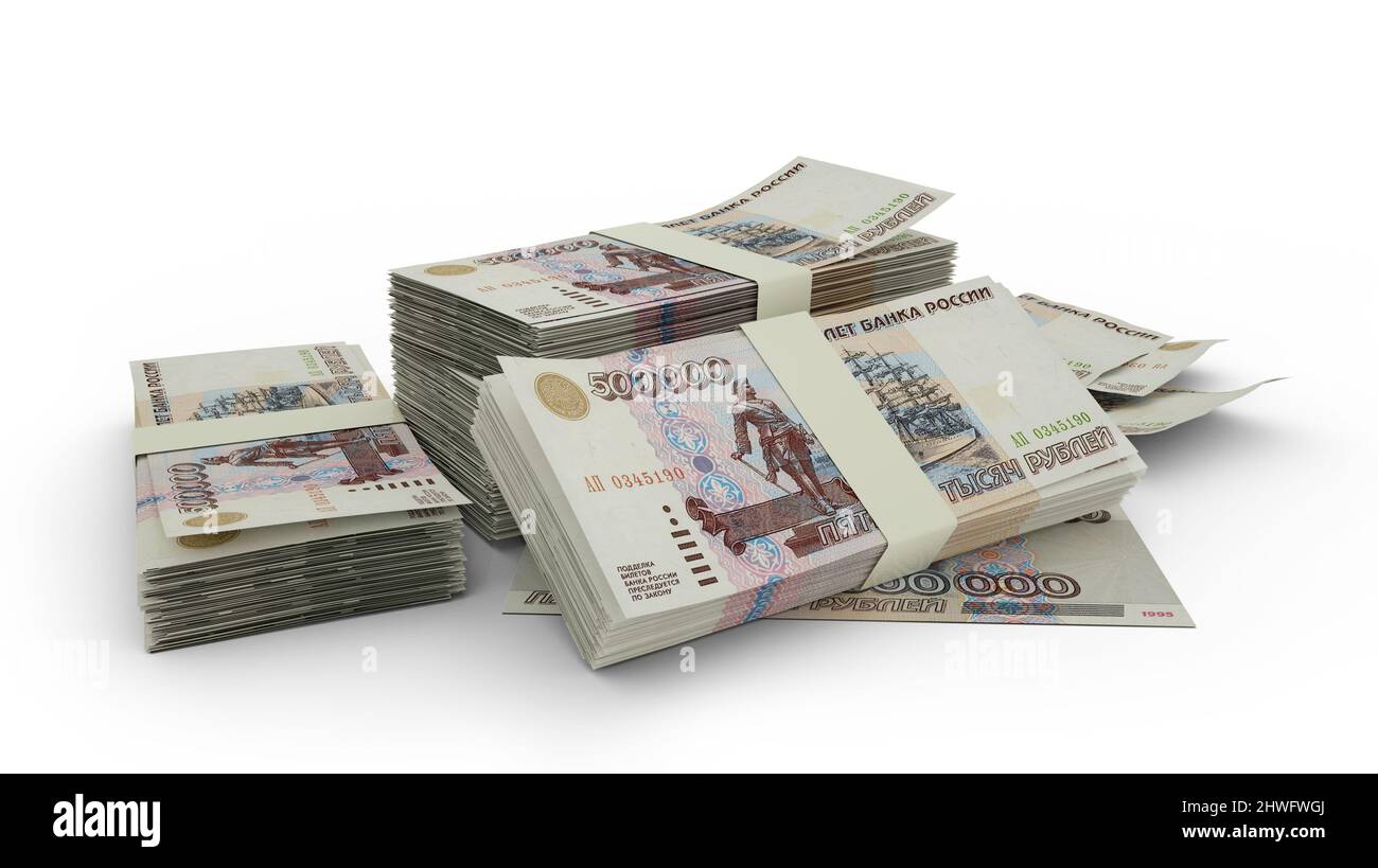 3d rendering of Stack of Russian ruble notes. bundles of Russian ...