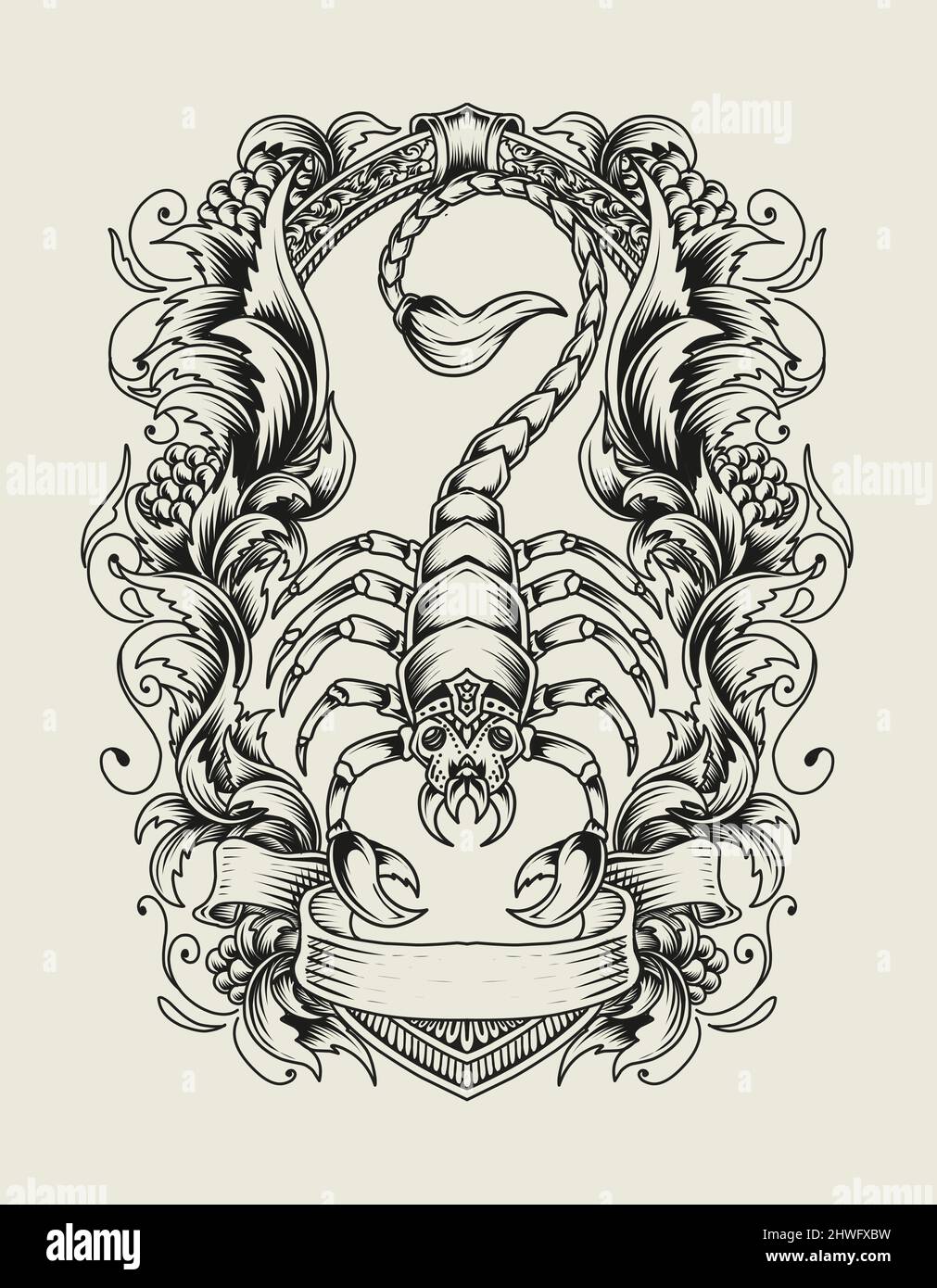 illustration vector scorpion with engraving ornament. Stock Vector