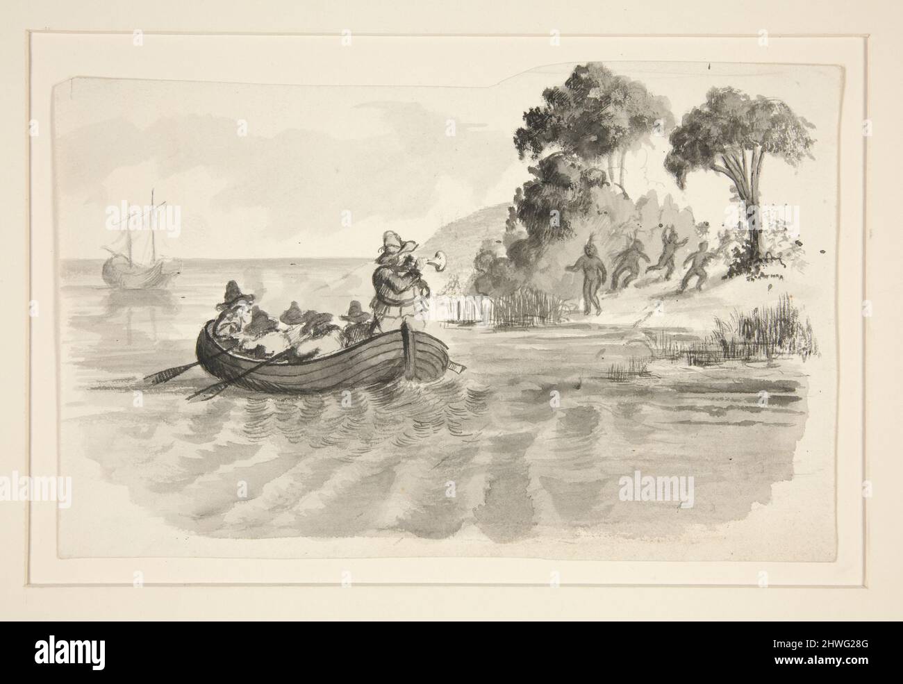 Men in rowboat fleeing Indians on shore - unidentified illustration (Columbus discovering New World?) - explorers landing in the New World.  Artist: Edwin Austin Abbey, American, 1852–1911, M.A. (HON.) 1897 Stock Photo